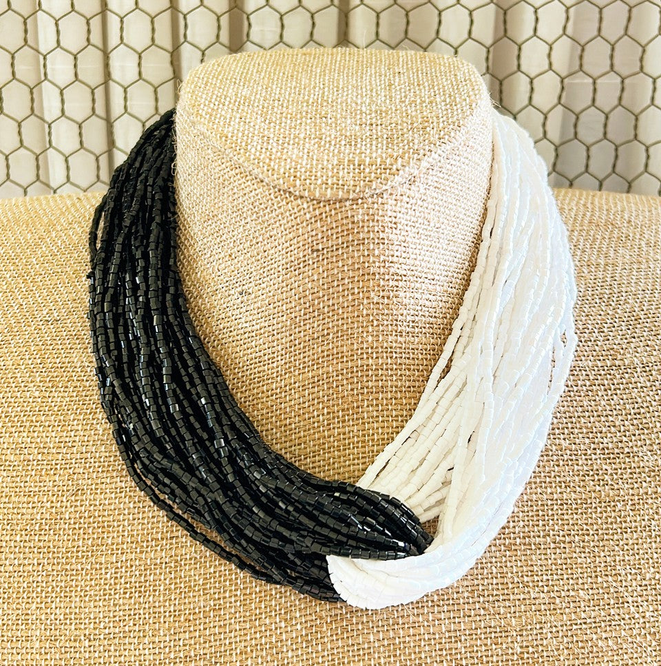 Vintage 1990s signed KJL Kenneth Jay Lane black &amp; white multi strand mini beaded necklace