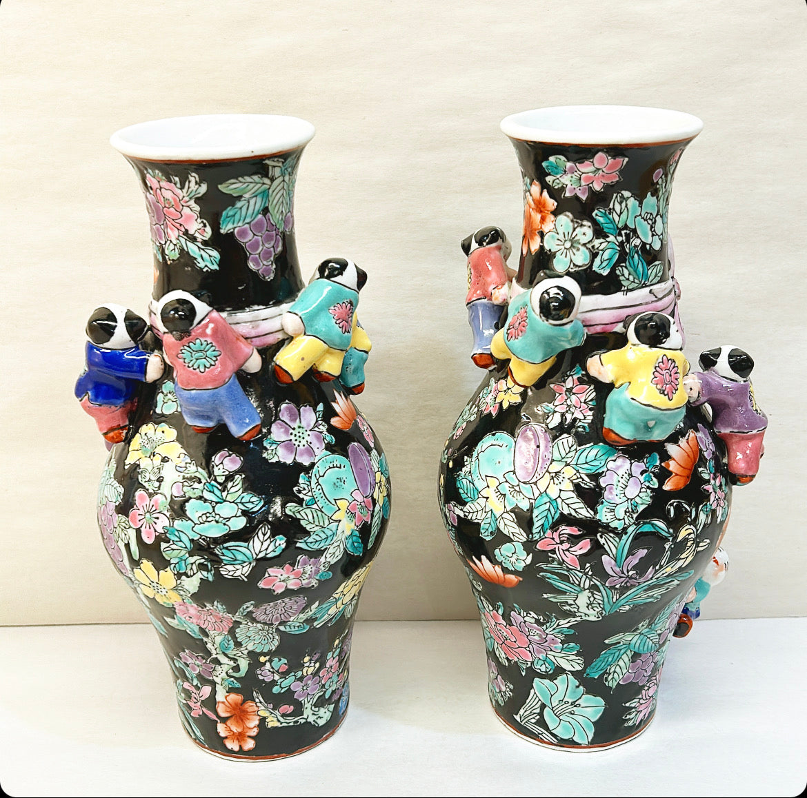 Pair of antique Chinese traditional children fertility vase.