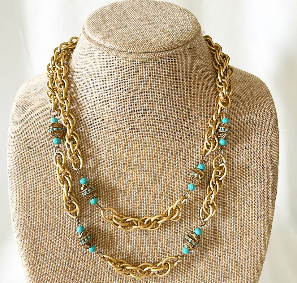 Stunning 1970s designer style double chain necklace with turquoise beaded accents