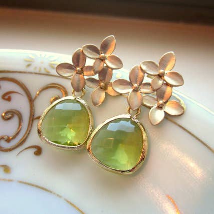 Peridot Apple Green Gold Cherry Blossom Earrings