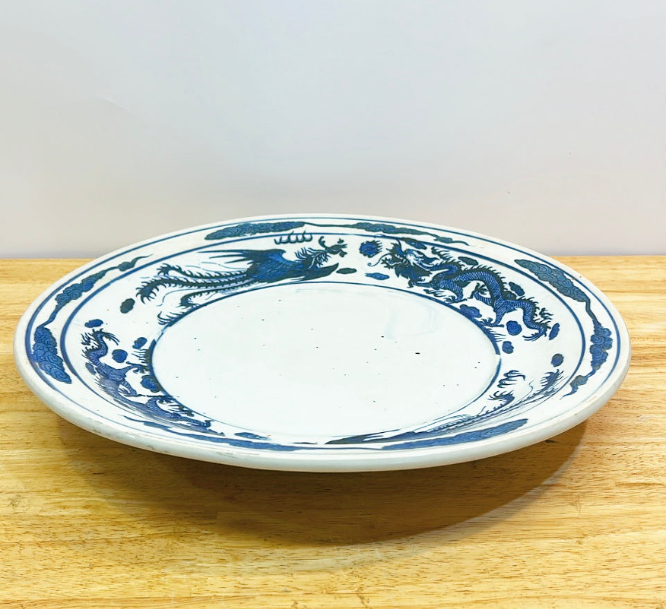 Large antique blue &amp; white chinoiserie style charger plate