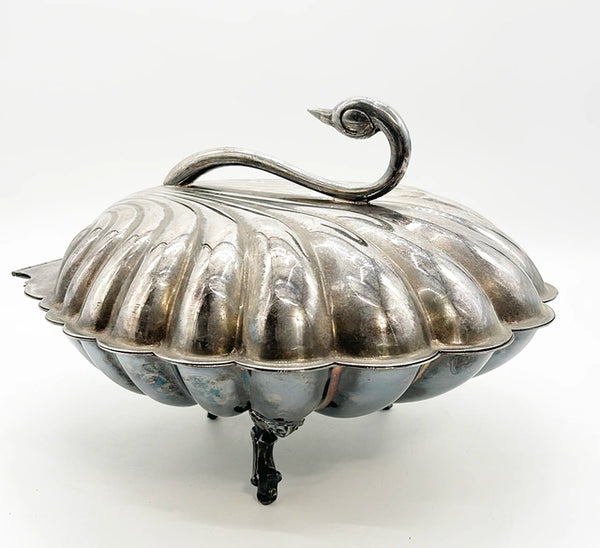 Vintage silver plated swan style shell serving dish with hinged lid.