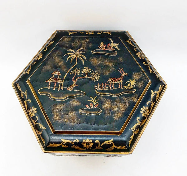 Vintage black chinoiserie lidded box with hinge.