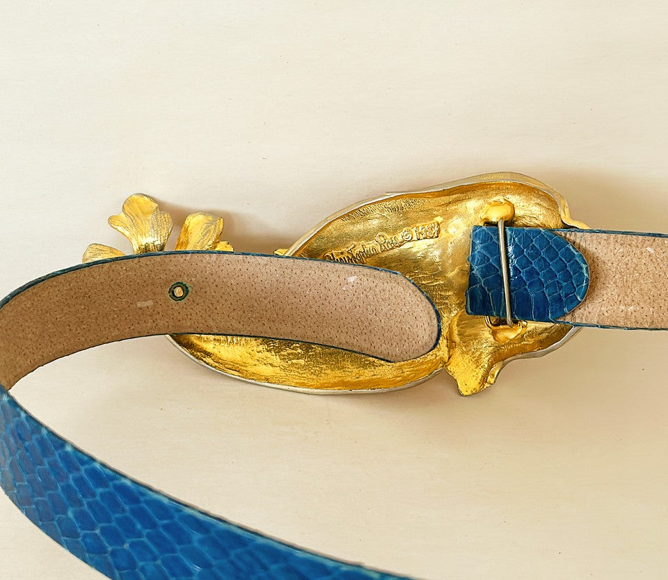 Fantastic signed Christopher Ross 1985 signed & dated sculpture fish belt fashion buckle with original blue snake skin belt