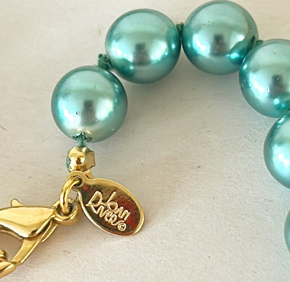Uber Fabulous signed couture blue / green faux pearl beaded necklace by Joan Rivers with added chic couture cross pendant signed by Amy Miller