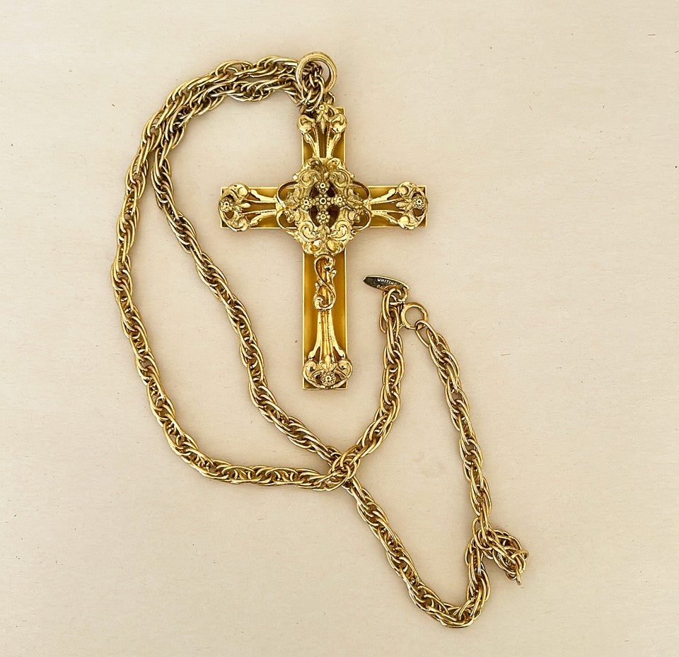 Vintage 1970s statement cross pendant chain necklace