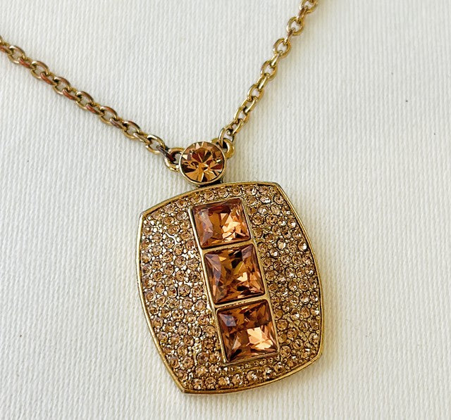 Rare 80s Givenchy necklace with stamped gold rhinestone Square pendant.