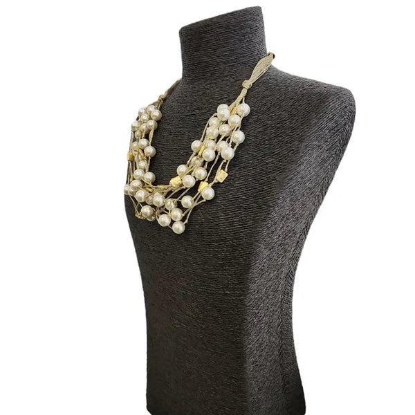 White Pearl & Gold Multi Strand Metallic Silk Necklace