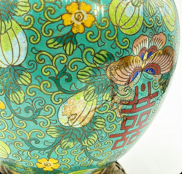 Vintage / antique cloisonné style metal chinoiserie ginger jar lamp.