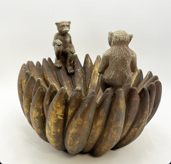 Decorative large oval banana bowl with monkeys on each side