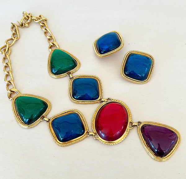 1970s signed KENNETH LANE multi colored Gripoix style statement necklace