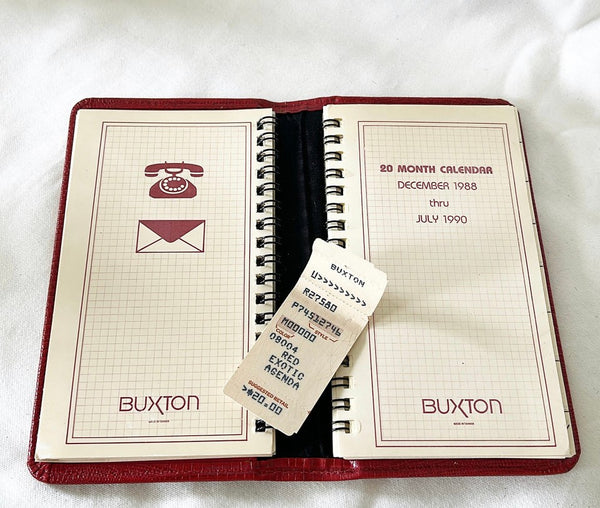 Vintage 1990 stamped BUXTON red wallet style calendar / address book