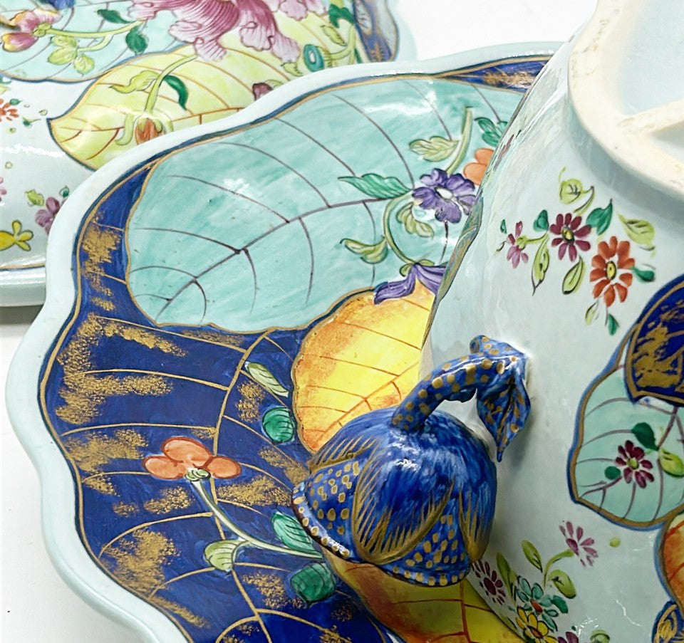 Rare signed Mottahedeah tobacco leaf pattern 3 piece oval shaped tureen.