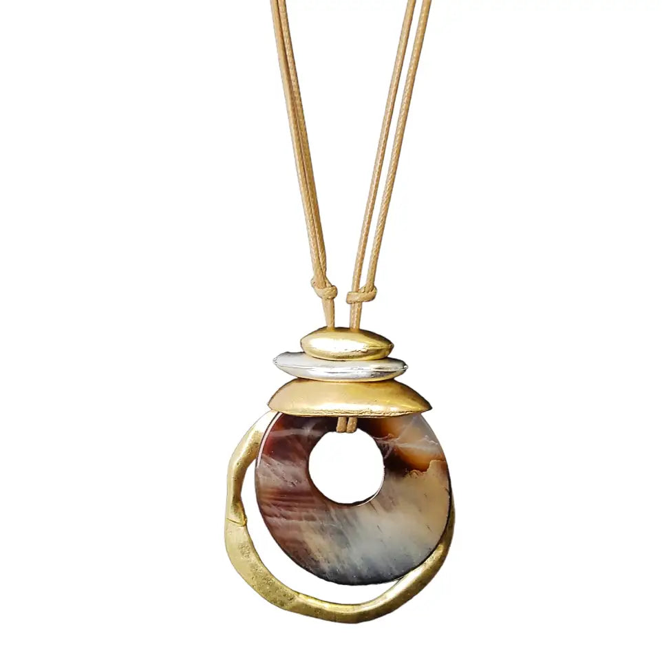 Neutral Tortoise Shell & Gold Geometric Pendant Necklace