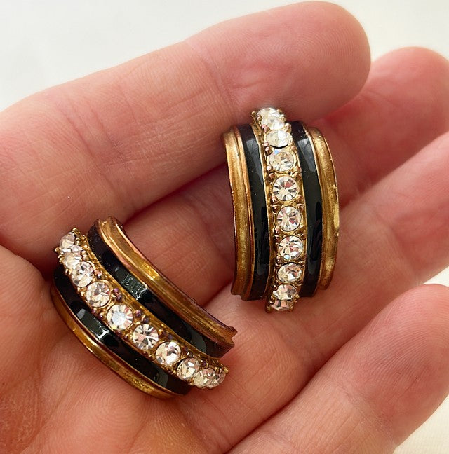 Vintage 80s clip earrings with rhinestones & black enamel details