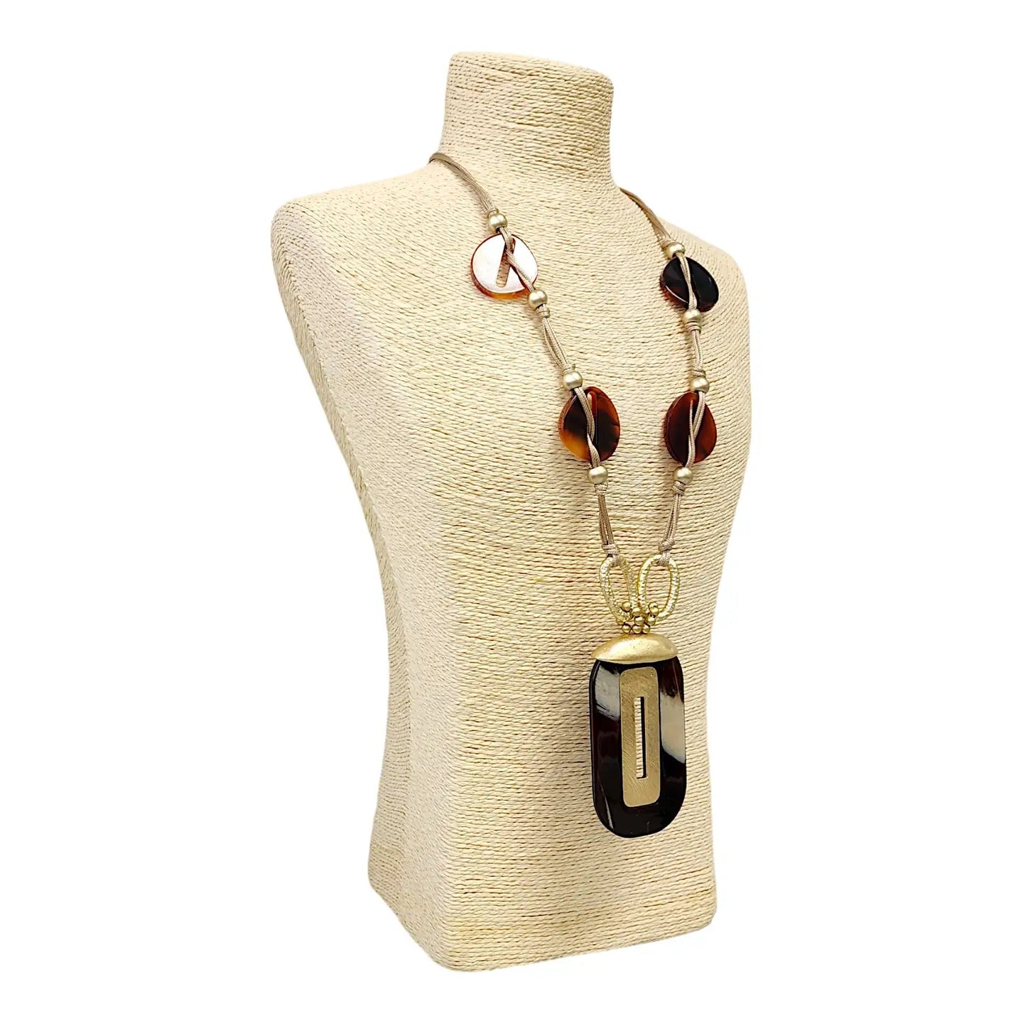 Neutral Tortoise Shell Lucite & Gold Pendant Necklace