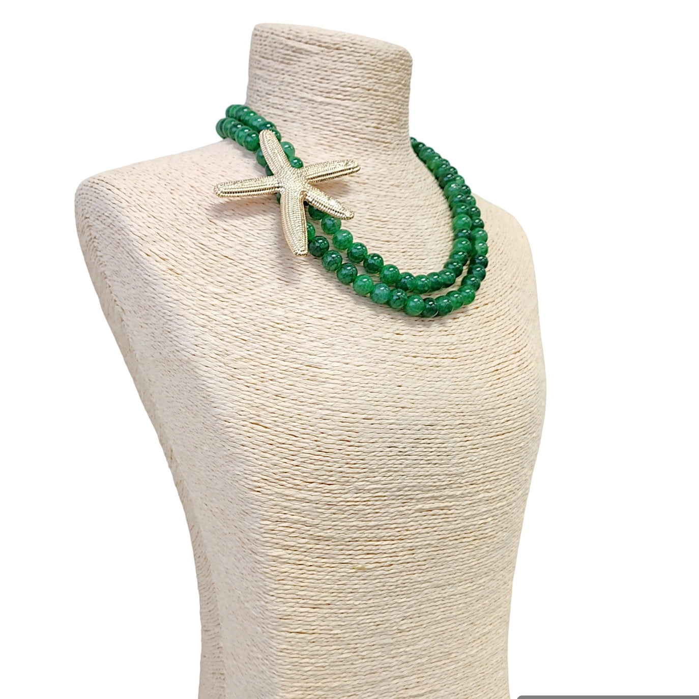 Sea Green Jewel-Tone Bead & Gold Starfish Pendant Necklace