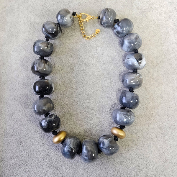Chunky Dark Navy Blue & Gold Beaded Necklace