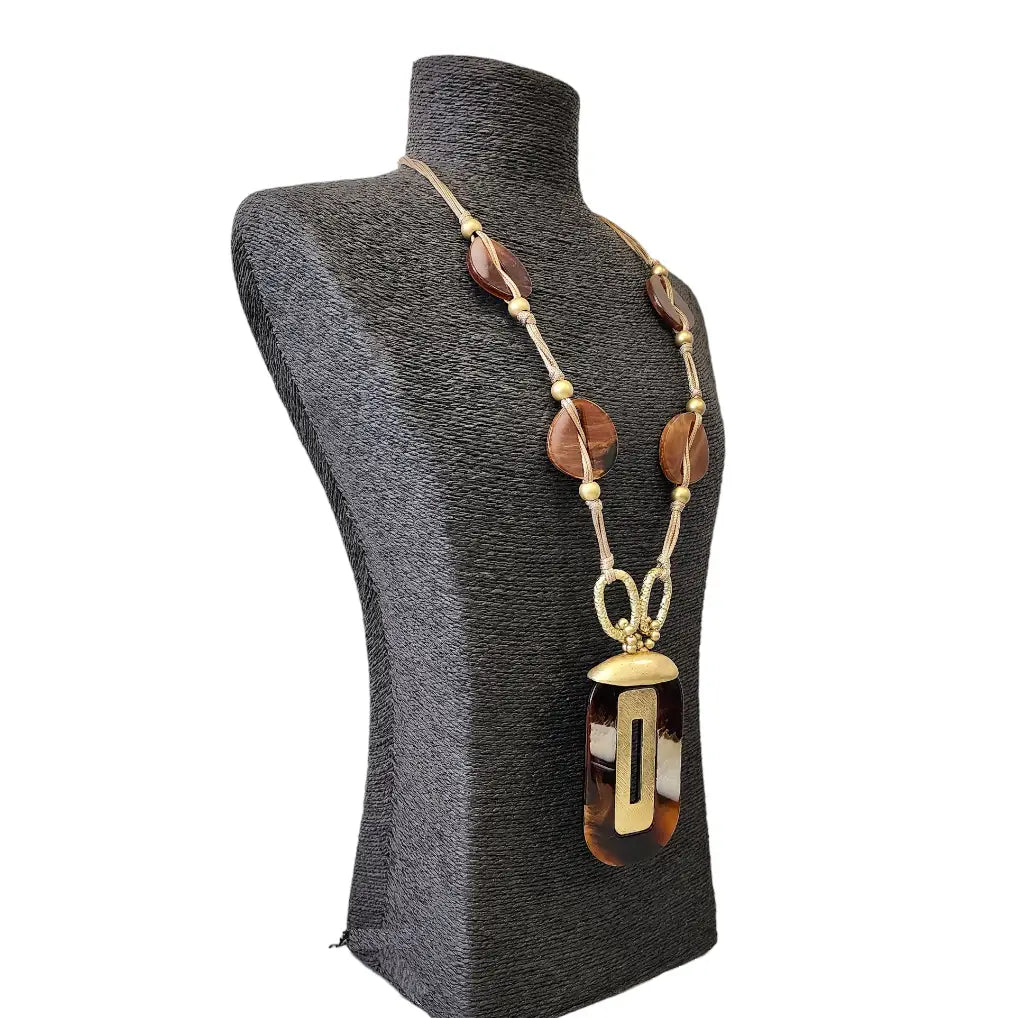 Neutral Tortoise Shell Lucite & Gold Pendant Necklace