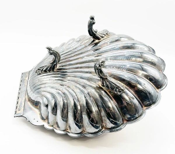 Vintage silver plated swan style shell serving dish with hinged lid.