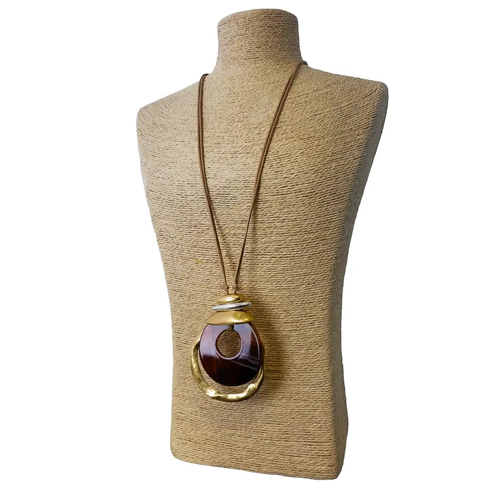 Neutral Tortoise Shell & Gold Geometric Pendant Necklace