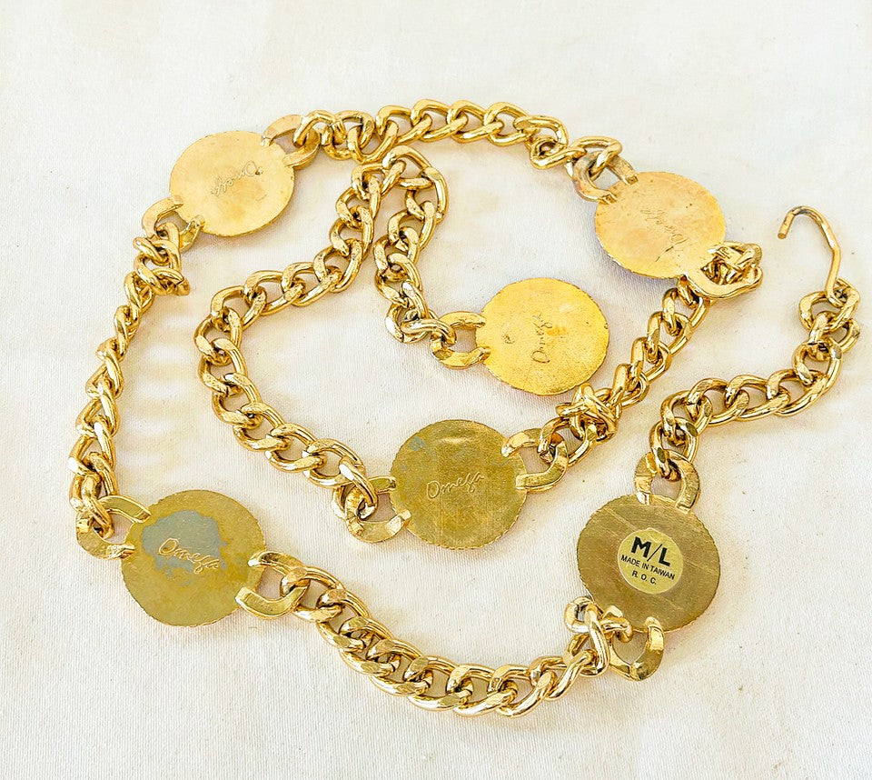 Fantastic late 1980s couture runway style gold chain link metal belt with large coin accents of Roman style medallions.