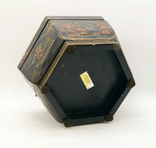 Vintage black chinoiserie lidded box with hinge.