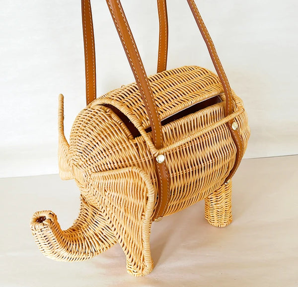 Adorable natural woven wicker elephant purse.