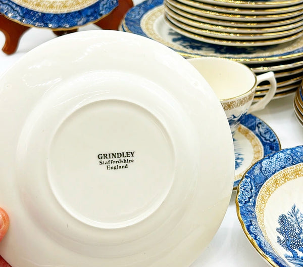 Antique blue &amp; white blue chinoiserie stamped GRINDLEY Staffordshire England fine china set.