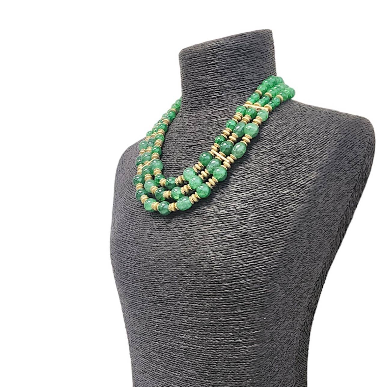 Jewel-Tone Green and Gold Triple Graduated Row Necklace