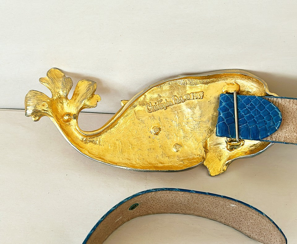 Fantastic signed Christopher Ross 1985 signed & dated sculpture fish belt fashion buckle with original blue snake skin belt