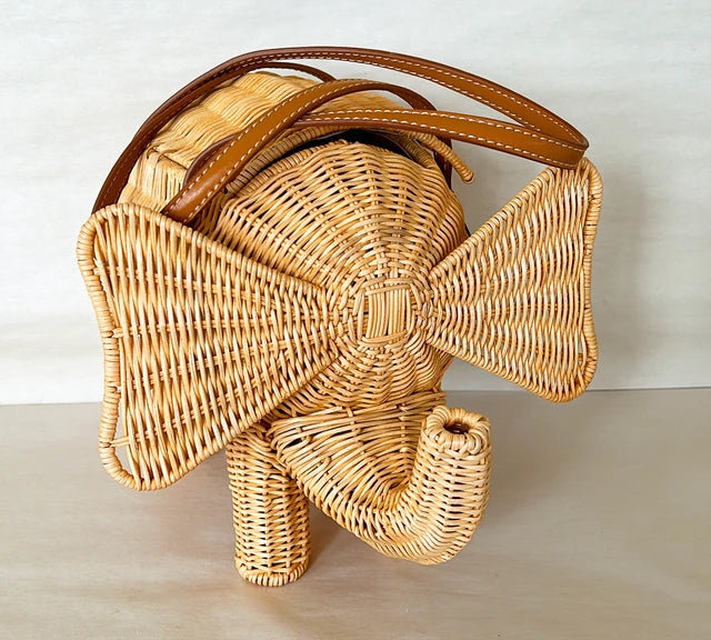 Adorable natural woven wicker elephant purse.