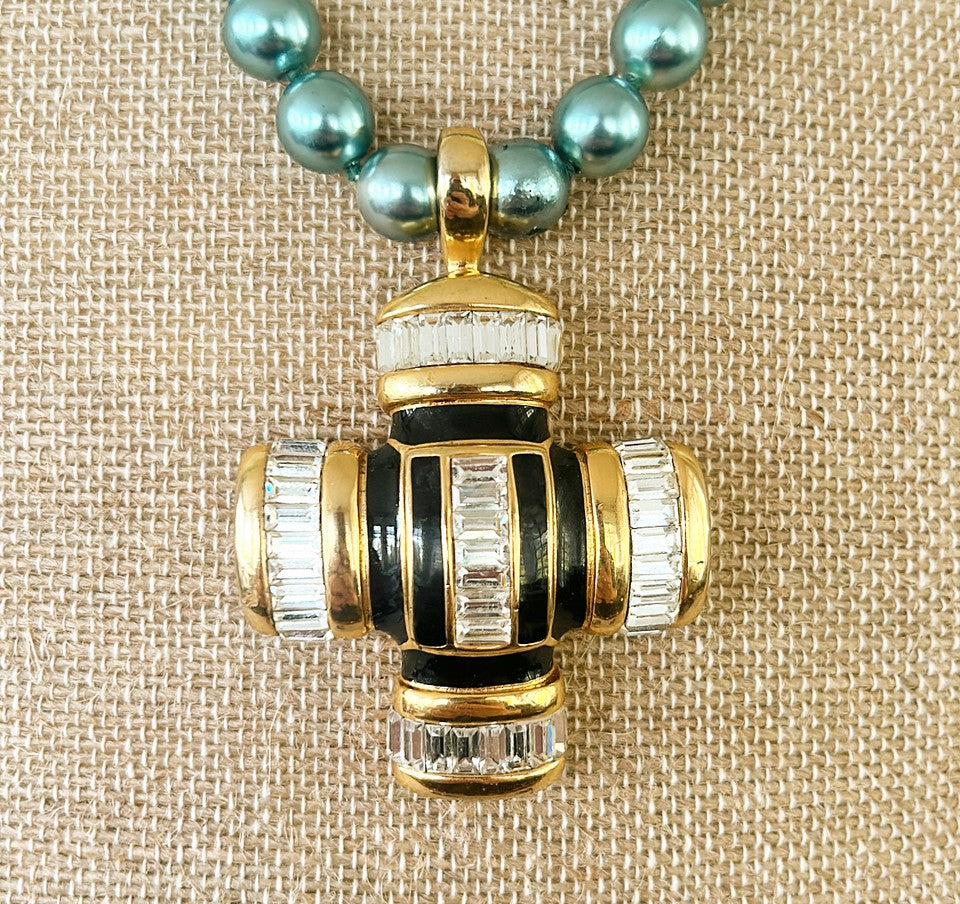 Uber Fabulous signed couture blue / green faux pearl beaded necklace by Joan Rivers with added chic couture cross pendant signed by Amy Miller