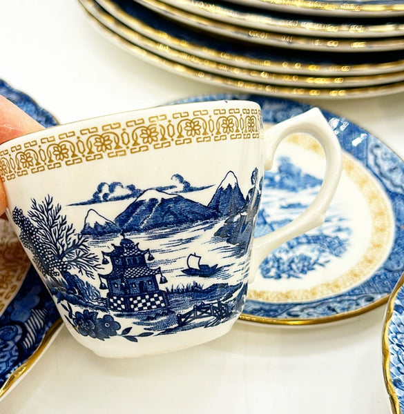 Antique blue &amp; white blue chinoiserie stamped GRINDLEY Staffordshire England fine china set.