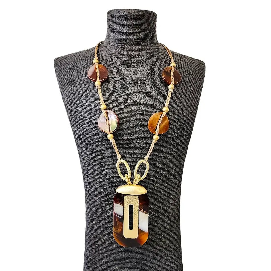 Neutral Tortoise Shell Lucite & Gold Pendant Necklace