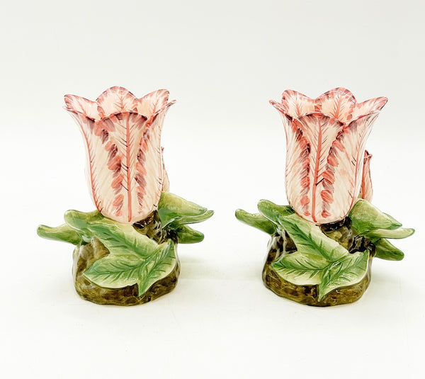 Pair of rare pink &amp; green Mario Buatta style vintage tulip vases