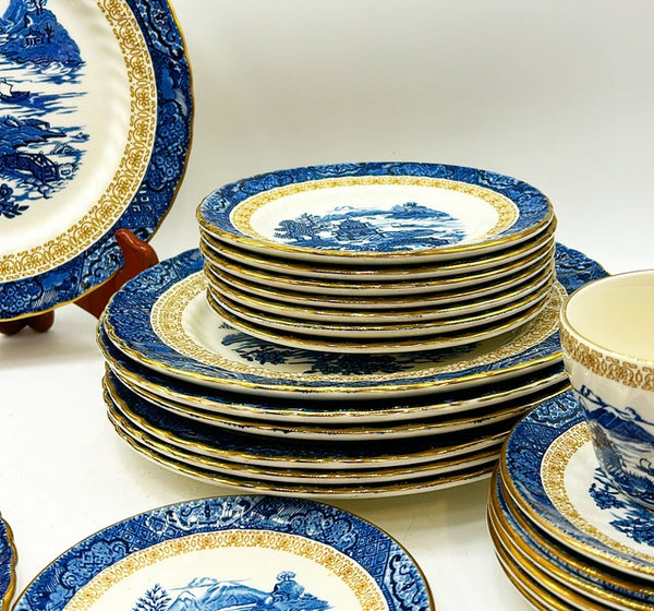 Antique blue &amp; white blue chinoiserie stamped GRINDLEY Staffordshire England fine china set.