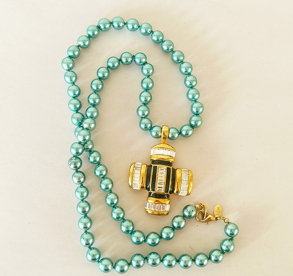Uber Fabulous signed couture blue / green faux pearl beaded necklace by Joan Rivers with added chic couture cross pendant signed by Amy Miller
