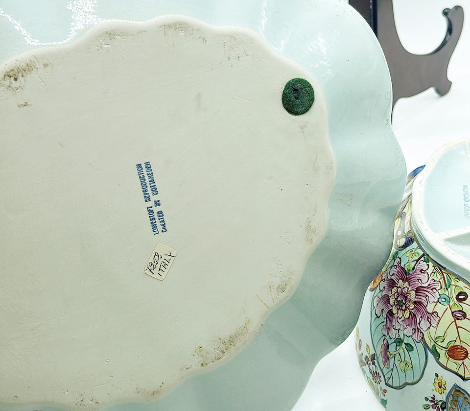 Rare signed Mottahedeah tobacco leaf pattern 3 piece oval shaped tureen.