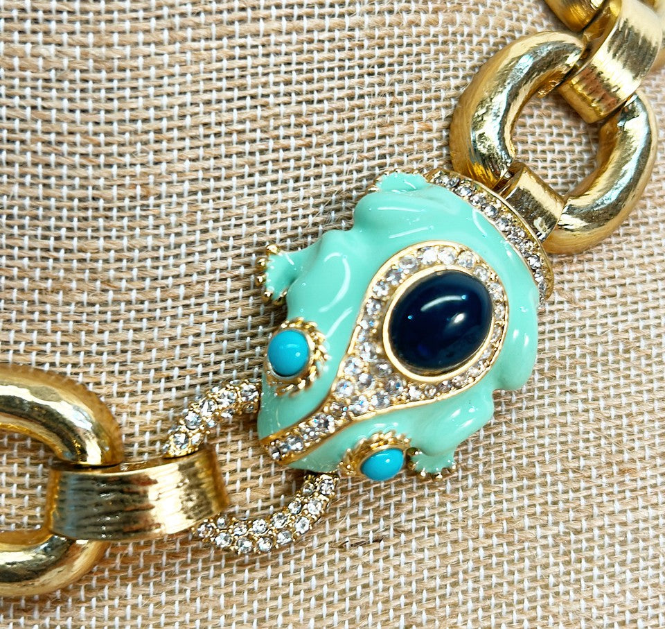 Stunning super rare signed J Crew late 1990s frog gold link chain necklace