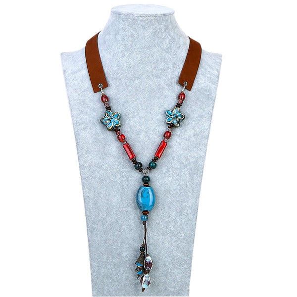 Beige & Blue Mixed Ceramic Bead Y-Necklace on Soft Suede (Co