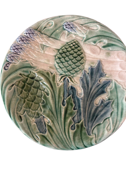 19th-century French Majolica artichoke and asparagus plates - Sold in Pair - B