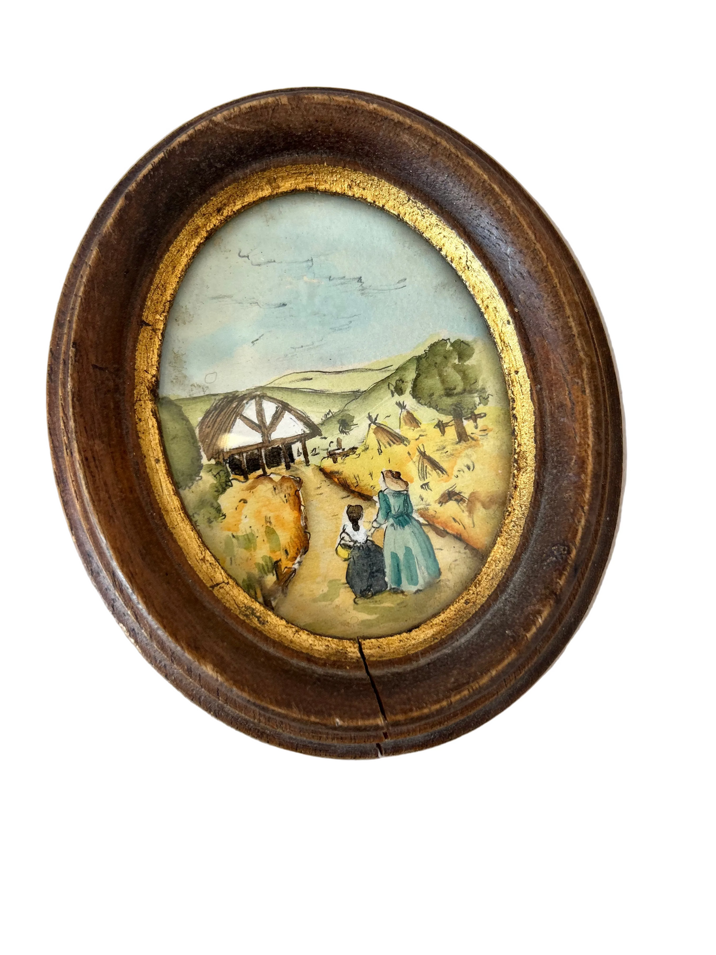Antique miniature oil painting depicting a rural French countryside scene