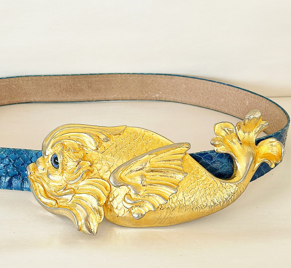 Fantastic signed Christopher Ross 1985 signed & dated sculpture fish belt fashion buckle with original blue snake skin belt