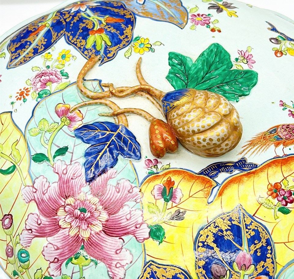 Rare signed Mottahedeah tobacco leaf pattern 3 piece oval shaped tureen.