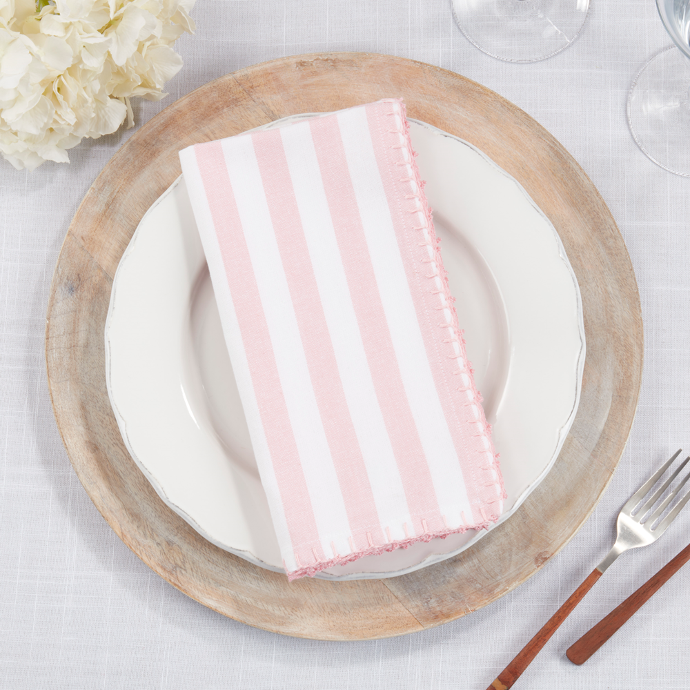 White & Pink Striped Whipstitch Cotton 20" Cloth Napkin - Set of 4