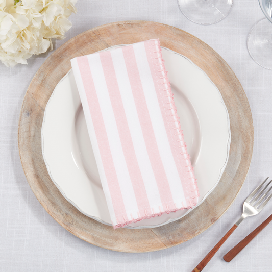 White & Pink Striped Whipstitch Cotton 20" Cloth Napkin - Set of 4