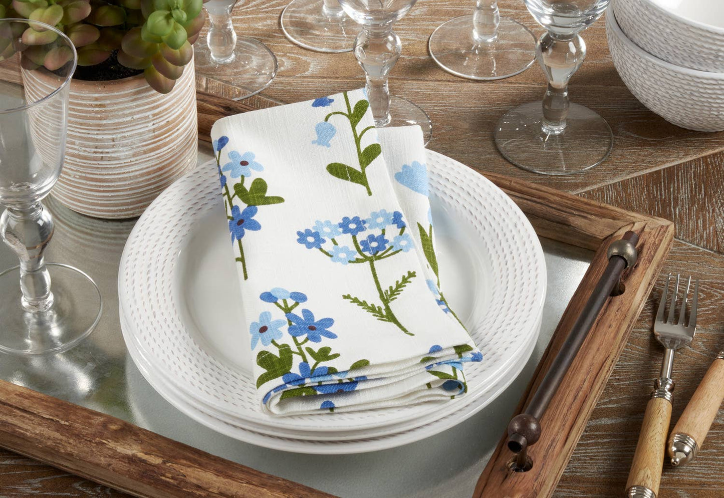 Blue Floral Pure Cotton 20" Dinner Napkin - Set of 4