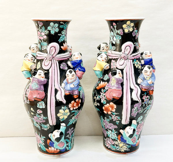 Pair of antique Chinese traditional children fertility vase.