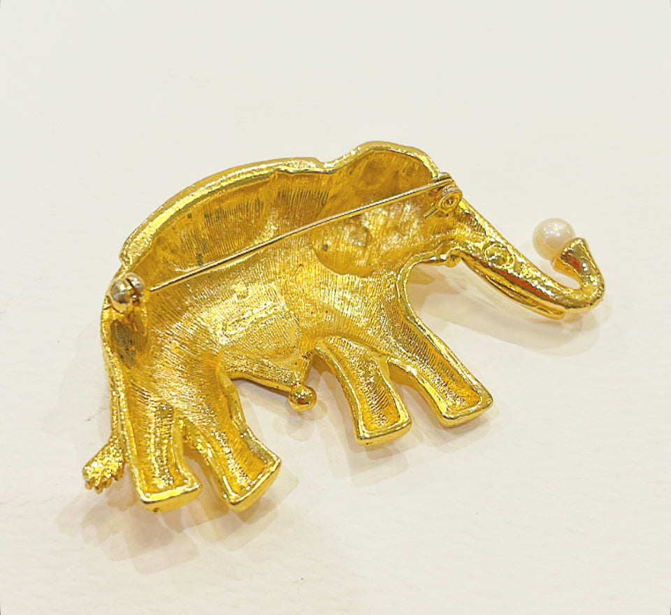Elephant Gold Metal Brooch with faux pearl